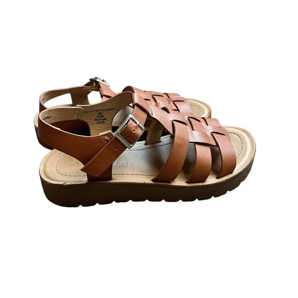 Girls Sandals, Size 1, Soda Brand, Brown, Buckle, Weave, Open Toe, Summer